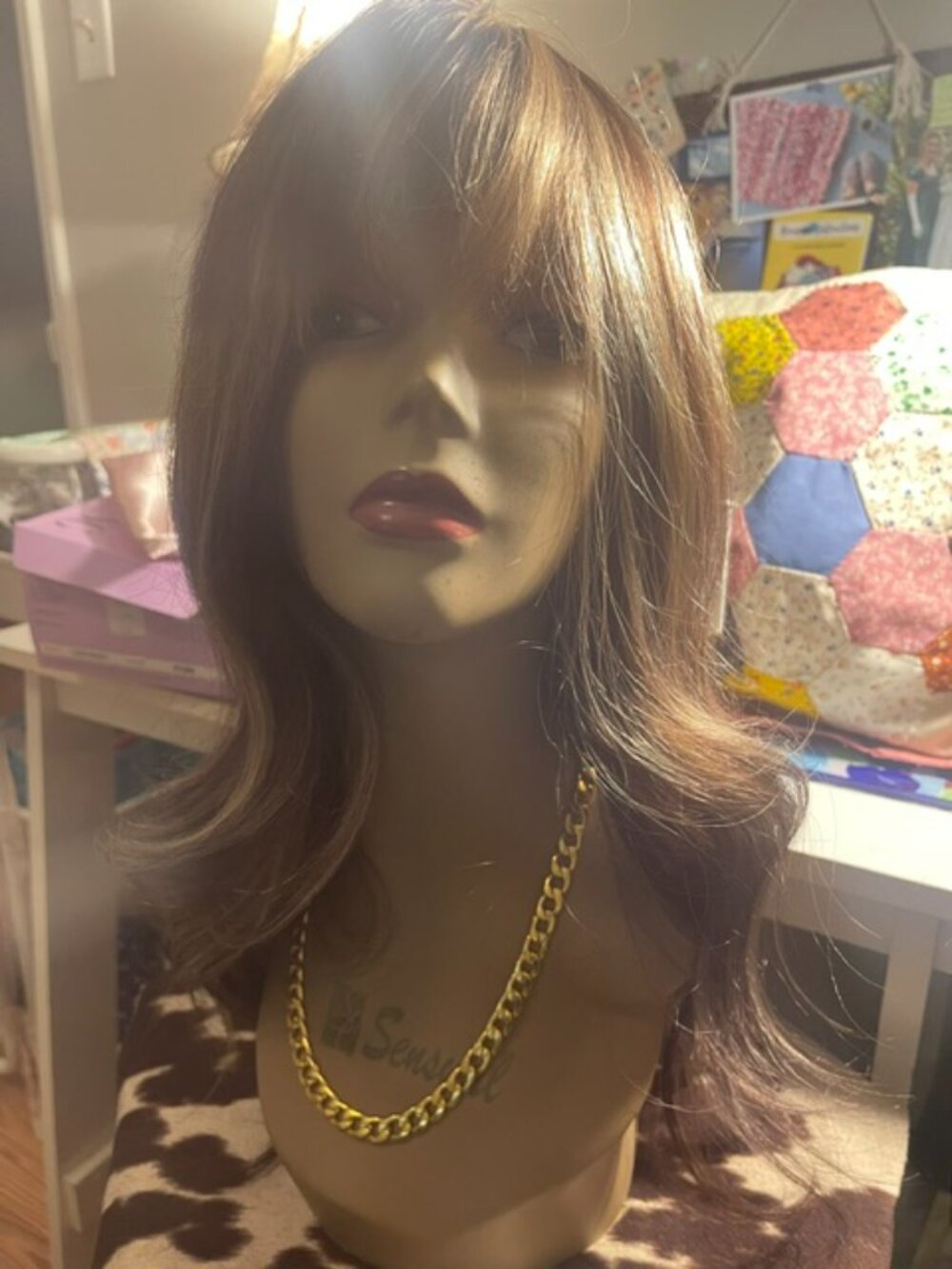 New! 20" Long Beautiful Brunette JB Wig with Bold Blonde Highlights